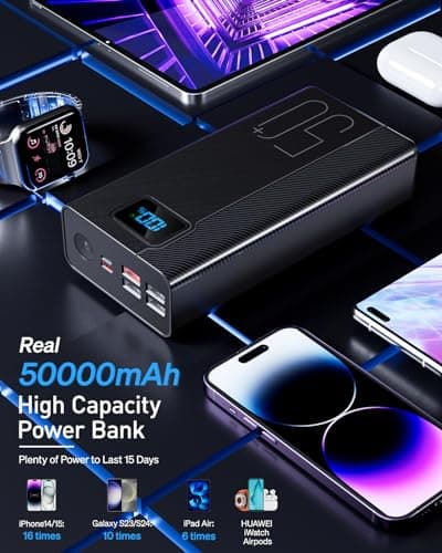 Power Bank 50000mAh Portable Charger: Powerbank with Flashlight and Large Capacity-22.5 W Fast Charging External Battery- White 3PM MP3 Player with Streaming Player Android — view 2