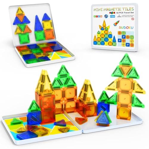 Mini Magnetic Tiles Travel Set with Case 42pcs, Toddler Kids Travel Toys