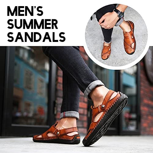 Rojeam Mens Casual Synthetic Leather Sandals Closed Toe Beach Slippers Flat Shoes Summer Sandals for Hiking Trekking, Brown, 8.5 UK — view 5