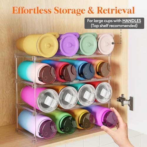 Lifewit Stackable Water Bottle Storage Organiser, Wine Bottle Holder for Cupboard, Plastic Large Compartment Tumbler organiser, Clear Wine Rack, Mug Cup Holder for Kitchen Storage, 4 Tier Hold 16 — view 4