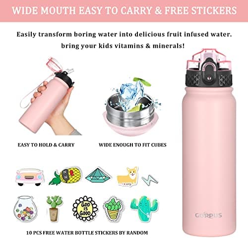 GOPPUS 600ml/20oz Stainless Water Bottle with Straw Double Wall Insulated Bottles with Strap One Hand Open Vacuum Thermal Flask with Flip Top Lid Leakproof Keep Cold Drinks BPA Free (Pink) — view 4