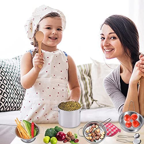 Stainless Steel Pretend Cooking Utensils Cookware Set,Mini Play Kitchen Accessories,Play Pots and Pans Toys Packed in a golden cloth bag for Kids Toddlers — view 3