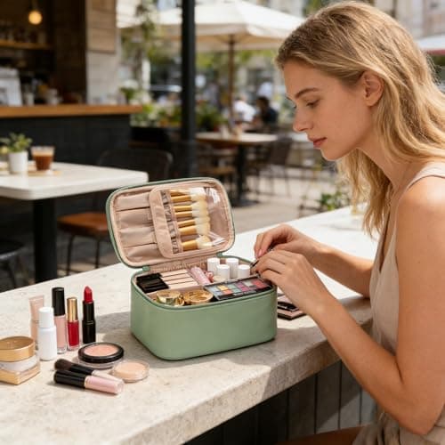 Travel Makeup Bag Portable Cosmetic Bag with Makeup Brushes Organiser Green — view 2
