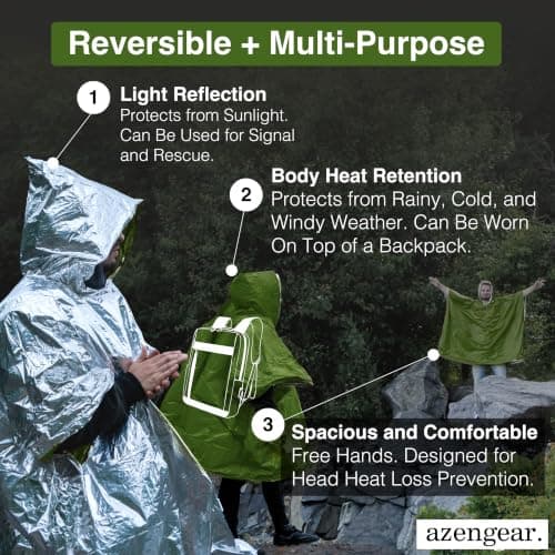 Emergency Survival Foil Poncho (4 Pack) Reversible Thermal Mylar, Green — view 3