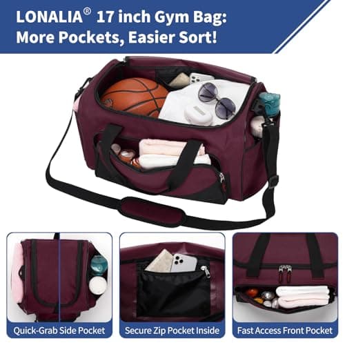LONALIA Small Holdall Bag 30L, Gym Duffle Bag, Burgundy — view 3