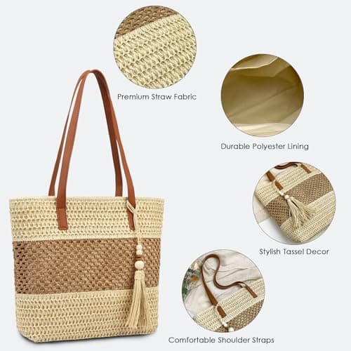 unisoul Straw Beach Bag for Women, Hand-Woven Summer Tote Bag with Zip, Lightweight Shoulder Handbag for Holidays, Travel & Daily Use, Off White — view 6