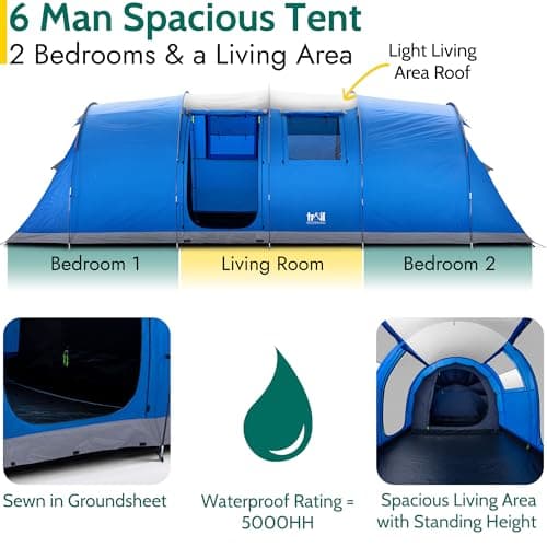 Trail Hexton XL 6 Man 2 Room Tent, Family Camping Tunnel Tent, 5000mm Waterproof, Dark Zone Bedrooms, Living Area with Standing Height, Sewn In Groundsheet, Carry Bag (L700cm x W240cm x H220cm) — view 4