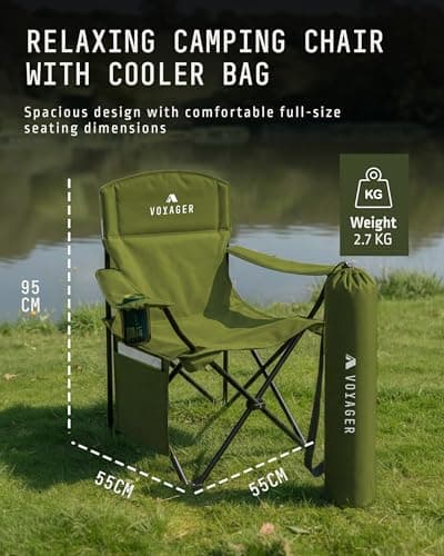 Voyager Folding Camping Chairs 2 Pack with Cooler Bag, Lightweight Q195 Steel Frame, 600D Oxford Fabric, Portable & Comfortable -Green — view 2