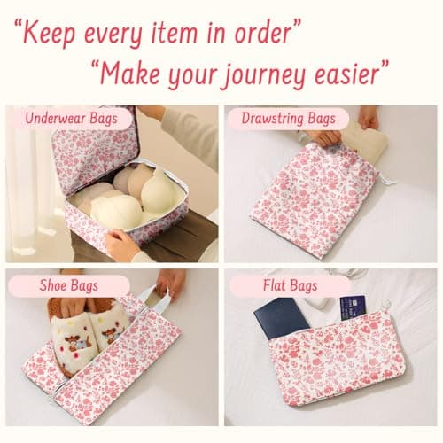 10PCS Packing Cubes for Suitcases, Travel Organiser Packing Bags for Clothes Shoes Toiletries Travel Luggage Organizers Storage Bags (Pink Flower) — view 4