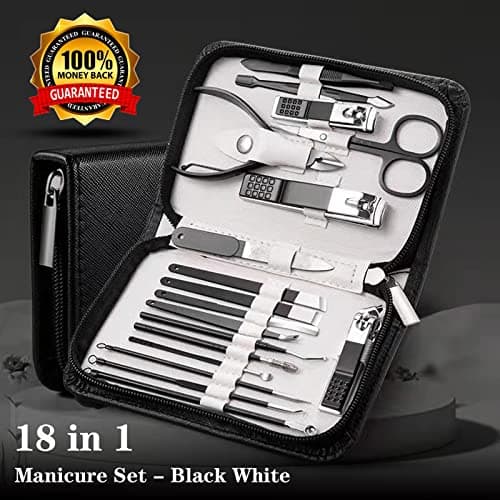 Manicure Set Nail Clippers Kit For Women&men 18 in 1 Professional Stainless Steel Pedicure Care Tools Kit Nail Cutter Set Scissors Grooming Kit With Black Leather Travel Zip Case(Black White) — view 2
