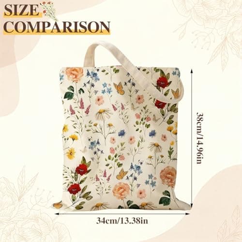 Crilemonis Floral Canvas Tote Bag for Women, Reusable Washable Foldable Shopping Bag with Double-Sided Flower Print, Lightweight Shoulder Bag for Travel, Work, Grocery, Beach and Daily Use — view 4