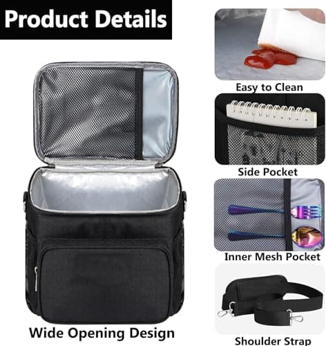 KANGSIT 9L Insulated Lunch Bag, Fits 12 Cans, Large Soft Cooler Tote, Black — view 4