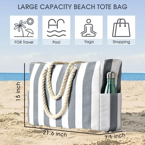 oscaurt Large Beach Bag Stripe Tote Bags for Women Waterproof Shoulder Shopping Handbags with Zip Holiday Travel Essentials for Pool Gym Picnic — view 2