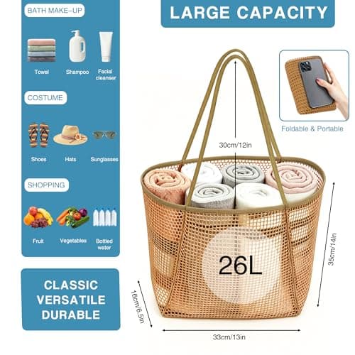 Poeruse Beach Mesh Tote Bag, Beach Bags for Women with Zip, 26L Mesh Handbags, Travel Shopping Handbag for Holiday (Brown) — view 2