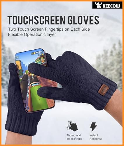 KEECOW Mens Winter Gloves,Womens Thermal Warm Knit Touchscreen Gloves with Fleece Lining for Running Ski (Navy-1) — view 4