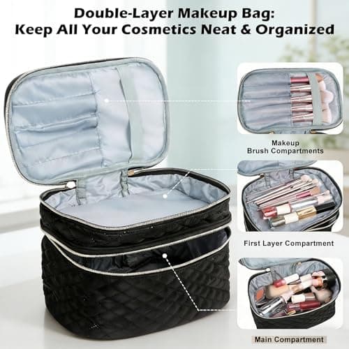 Double Layer Makeup Bag Cosmetic Bags for Women, Make Up Travel Bag - Black — view 3
