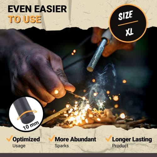 Survival Flint and Steel - Fire Starter Ferrocerium XL 10mm - Light More Than 15,000 Fires Ferro Rod - Firelighter Included - Firestarter Survival Kit for Camping, Bushcraft (Pine wood) — view 6
