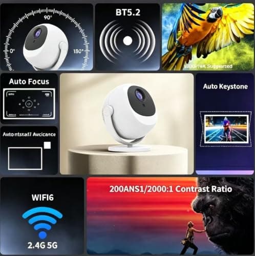 Portable mini projector, 200 ANSI lumens, supports 4K, Android 11/iOS, automatic trapezoidal correction, 360° rotatable home video projector, dual-band WiFi 6 and Bluetooth 5.2. — view 5