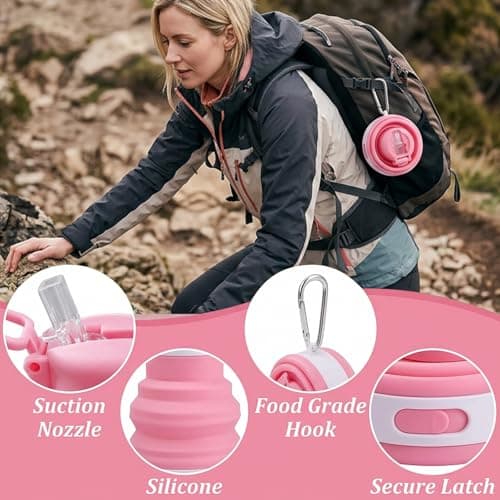 KSVFTB Collapsible Water Bottle, Pink Folding Water Bottle, Portable Silicone Water Bottle with 500ml Capacity for Gym Hiking Camping Cycling Outdoor Hydration — view 3