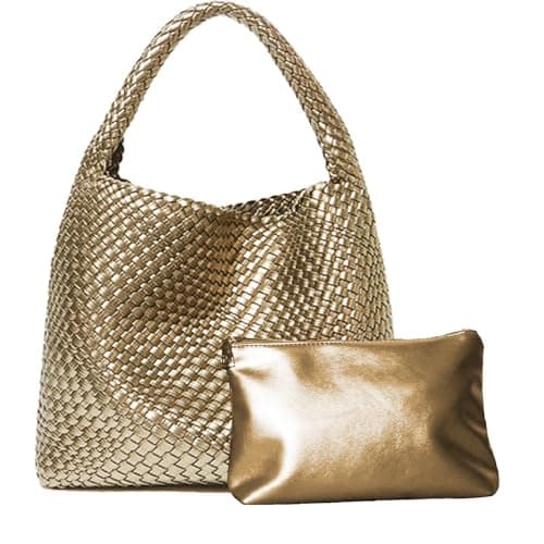 Dyalsa Women 2PCS Woven Tote Bag, Gold Leather Handbag Large Summer Beach Bag and Purse Handmade Hobo Bag Clutch Bag Set AL-010GD