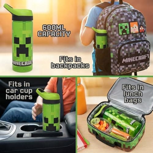 Minecraft Atlantic Creeper Drinks Bottle with Logo | Eco Friendly BPA-free Plastic School Water Bottle with Removable straw, spill Proof | Gift for Minecraft fan | Official Merch 600ML — view 6