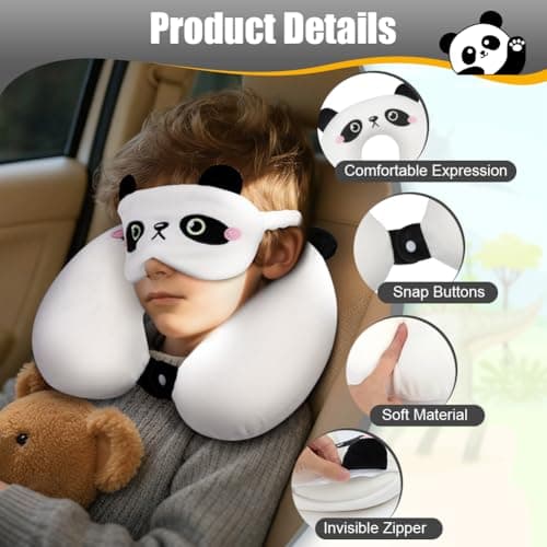 Alaoo Travel Pillow, Removable Memory Foam Kids Travel Pillow with Zips, Convenient & Portable U Shaped Neck Pillows with Cute Eye Mask for Adults Children for Home, Office, Sleeping (White Panda) — view 3