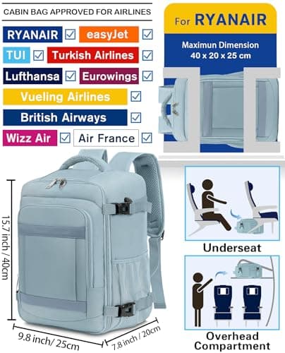 KLOSTAIN Cabin Bags 40x20x25 for Ryanair Underseat Travel Backpack Hand Luggage Carry-ons Bag Cabin Size 20L for Airplanes Flight Ruscksack Solid Color — view 2