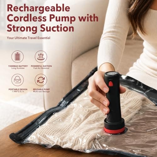 MEIQIHOME 10 Pack PackEase Travel Vacuum Bags 1500mAh Wireless Pump, 80% Compression Space Saver for Luggage, Clear PA+PE Reusable Seal Bags for Clothes, Portable Electric Air Pump for Travel & Home — view 3
