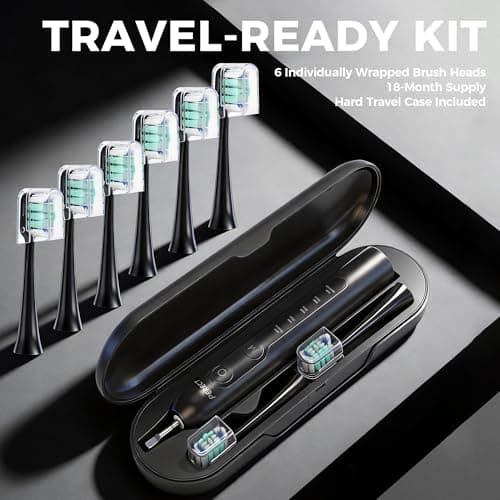 PERECT Electric Toothbrush for Adults, Rechargeable Sonic Toothbrush Travel-Ready Kit with Travel Case, 6 Replacement Brush Heads, 5 Modes 3 Intensities, 2-Minute Smart Timer, IPX7 Waterproof, Black — view 2