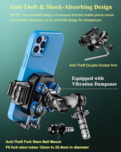 BRCOVAN Motorcycle Fork Stem Phone Mount with Vibration Dampener, Anti-Theft Motorcycle Cellphone Holder, [Camera Friendly] [1s Lock & Release] Adjustable mobile phone Cradle Fit 5.4~7.2" Smartphones — view 4