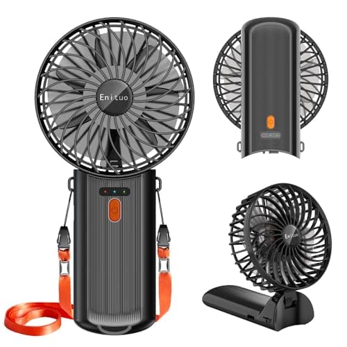 Portable Fan Handheld Fan with Neck Lanyard, Battery Operated Electric Powered USB Rechargeable Fans, 6-15H Cooling, 180° Foldable with 4 Quiet Speeds Mini Fans for Travel Outdoor Home Office, Black