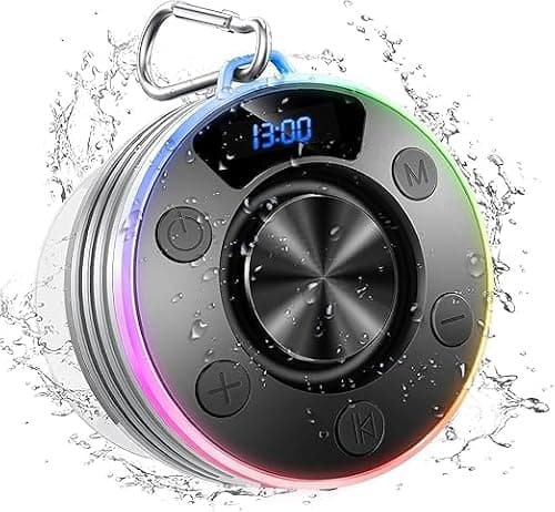 Bluetooth Shower Speaker, Portable Bluetooth Speaker with 360°HD Bass Sound, Built-in Mic, 8Hrs Playtime, IPX7 Waterproof Mini Speakers with Suction Cup Carabiner for Bathroom, Outdoor, Party, Gray