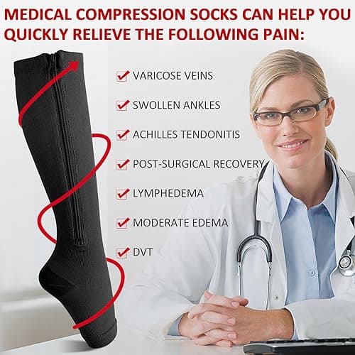 Ailaka Zipper 15-20 mmHg Compression Socks for Women Men, Knee High Open Toe Support Graduated Medical Varicose Veins Hosiery for Edema, Swollen, Pregnancy, Recovery (1 Pair) — view 5