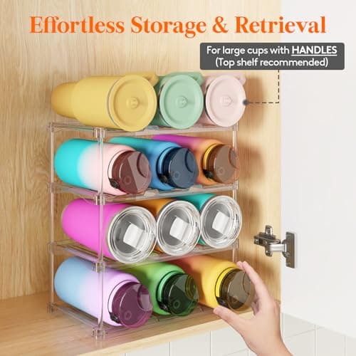 Lifewit Stackable Water Bottle Storage Organiser, Wine Bottle Holder for Cupboard, Plastic Large Compartment Tumbler organiser, Clear Wine Rack, Mug Cup Holder for Kitchen Storage, 4Tier Hold 12 — view 4