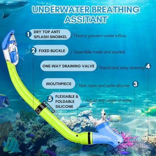 HiiPeak Kids Snorkel Set, Dry Top Snorkel Mask Snorkelling Package, Snorkelling Diving Mask with Breathing Tube Panoramic View Tempered Glass Anti-Fog, Children Swimming Goggles,Snorkeling Gear — view 6