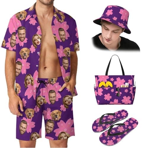 Budelym Personalized Men's Hawaiian Shirts and Shorts Set, Summer Travel Set/Funny Button Down Tropical Floral Beach Set, with Beach Bag/Bucket hat/Flip-Flops
