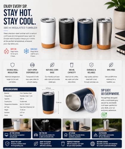 Personalised 380ml Stainless Steel Thermal Cup with Natural Cork Base & Transparent Lid - Double Wall Insulated Coffee Tumbler for Office & Travel — view 2