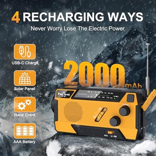 Wind Up Solar Radio, 7400mWh (2000mAh) Solar Powered Radio Emergency Hand Crank Radio with 3 Built-in Cables, Battery Operated, SOS Alarm & Flashlight, Emergency wind up torch for Hurricane, Emergency — view 6