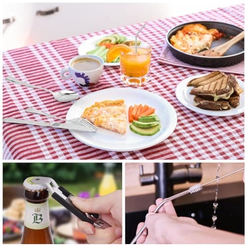 HOTUT Travel Cutlery Set with Portable Pouch Case, 9 Pcs Camping Cutlery Set with Bottle Opener Straw Spoon Knife Fork, Stainless Steel Flatware Set Portable Utensils for Outdoor Travel Picnic Office — view 3