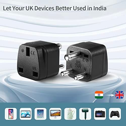 LUKELI 4 Pack UK to India Plug Adapter India Travel Adapter Maldives Plug Adapter for Indian (Black 4 Pack) — view 4