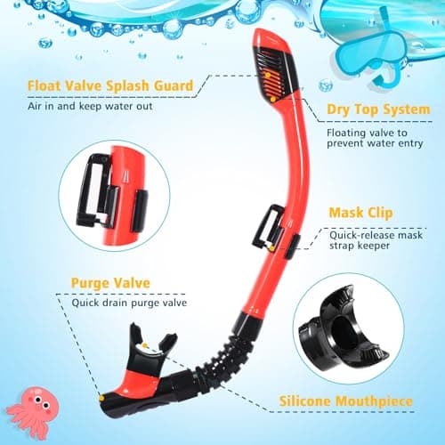 HIKOTEY Children's Snorkel Set,Panoramic Wide View Diving Mask,Snorkeling Gear Anti-Leak and Anti-Fog Tempered Glass Lens,Dry Snorkel Tube,Includes Earplugs and Nose Clip for Age 4-16 Years(Red+Black) — view 4