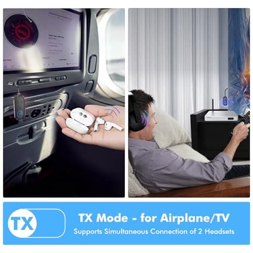 Bluetooth 5.3 Transmitter and Receiver, 2-in-1 Airplane Bluetooth Adapter Compatible with 2 AirPods & Wireless Headphones, Bluetooth Transmitter 3.5 mm Jack Audio for TV/Airplane/Headphone/Car — view 6