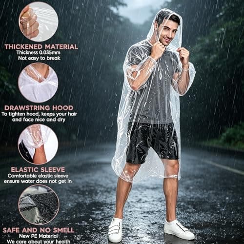 Disposable Rain Ponchos for Adults 12 Packs,Evance Clear Plastic Poncho Waterproof,One Size Fits 150-190cm,Portable Disposable Raincoat With Hood & Sleeves,Emergency Ponchos for Concerts,Travel,Hiking — view 5