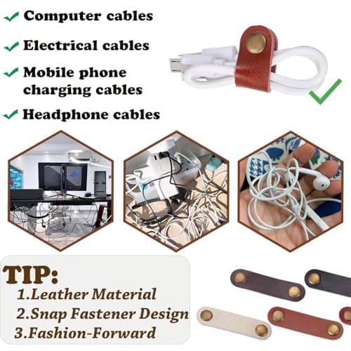 Denipry 10pcs Cord Organizer, PU Leather Cable Straps Small Cable Ties Reusable Cable Tidy for Travel Office Home Phone Charging Headphone Cord Ties Wire Organizer — view 3