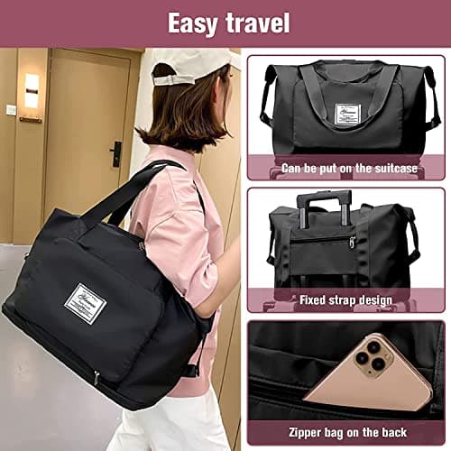 Large Capacity Folding Travel Bag, Travel Lightweight Waterproof Carry on Luggage Bags with Fixed Strap, Dry and Wet Separation Foldable Travel Duffel Bag for Weekender Overnight Sports Gym (Black) — view 4