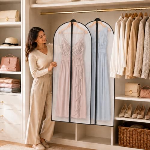 Sytinnice 2 Pack Dress Bags Covers Long 60 x 140 cm / 24 x 55 in, PEVA Transparent Hanging Garment Bags with Zipper, Waterproof Dustproof Clothes Covers for Wedding Dress, Gowns, Suits, Coats — view 2