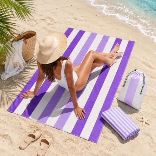 Oversized Microfibre Beach Towel Set, 180 x 90 cm Quick Dry Sand Resistant Beach Towel with 75 x 35 cm Drying Towel and Drawstring Bag, Lightweight Travel Towel for Beach, Pool, Picnic, Purple Stripe — view 3