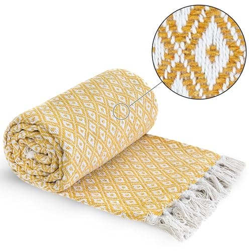 Emma Barclay Casablanca - Scandi Woven Recycled Cotton Chair Sofa Setee Bed Throw Over Blanket in Ochre - 50x60 (127x152cm) — view 2