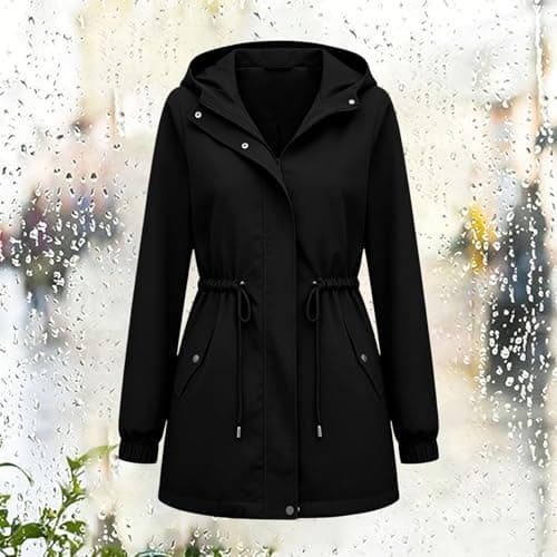 Womens Lightweight Waterproof Jackets Hooded Zip Up Jacket Breathable Packable Running Raincoats Active Trench Windbreaker with Hideaway Rain Hood Light Coats for Ladies Summer Cycling Hiking Black XL — view 3