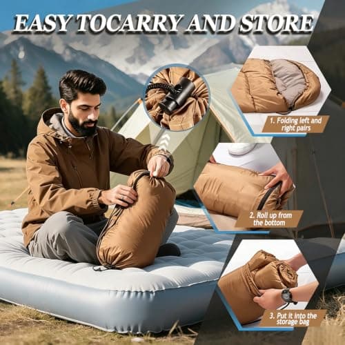 Sleeping Bag for Adults, Comfortable Waterproof 3 Season Warm & Cold Weather, Lightweight & Compact, Soft, Ideal for Camping, Hiking & Backpacking (Brown) — view 5
